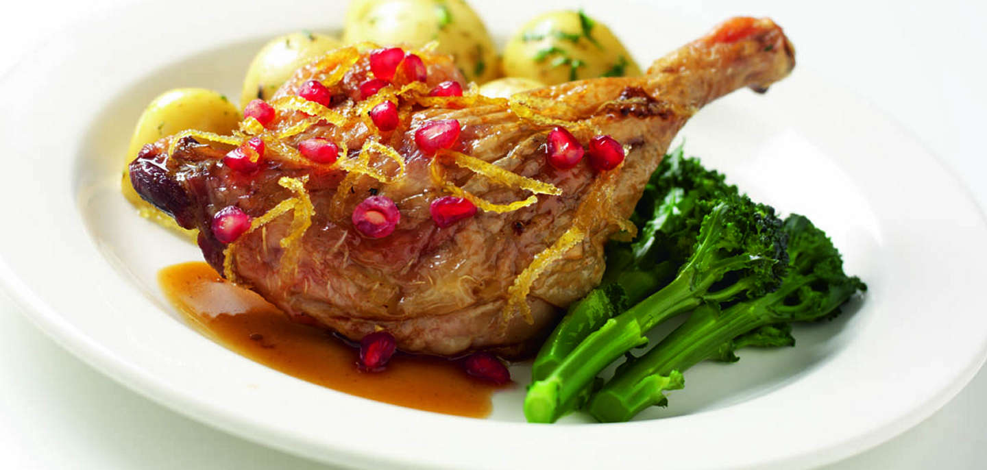 Slow-Cooked Duck Legs with Citrus & Pomegranate Recipe · Gressingham