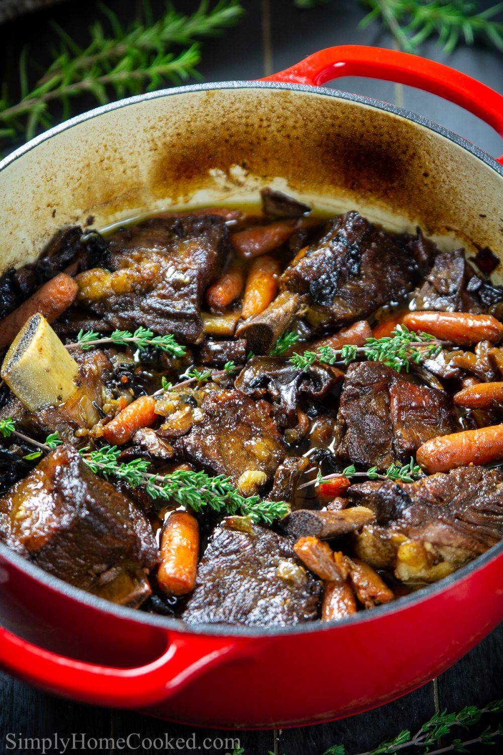 braised beef short ribs in a red dutch oven pot Beef Short Ribs Oven