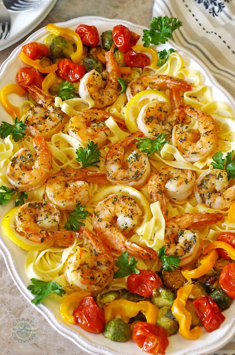 Easy Baked Shrimp Scampi with fresh pasta and roasted veggies!