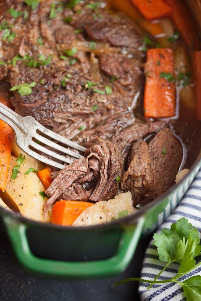 Dutch Oven Pot Roast with Carrots and Potatoes - Feast and Farm